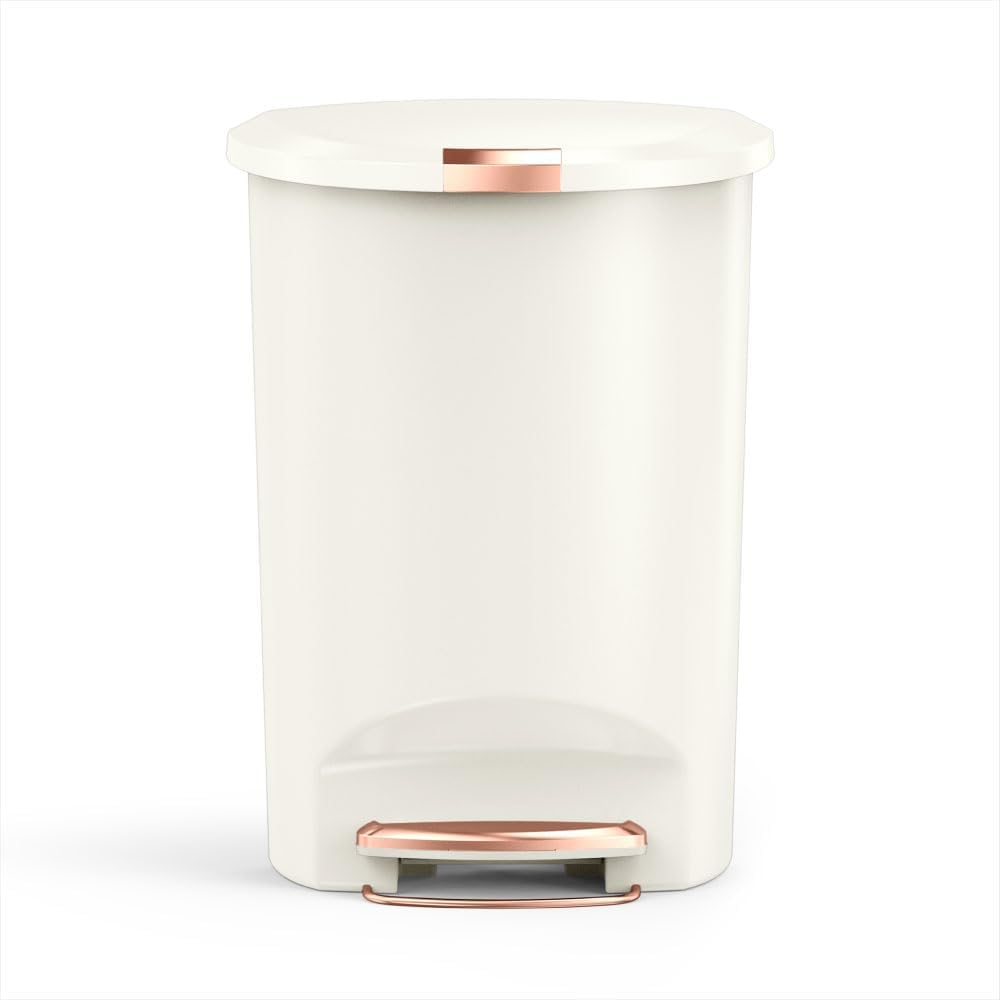 simplehuman 50 Liter / 13 Gallon Hybrid Semi-Round Kitchen Step Trash Can with Secure Slide Lock, Cream Plastic