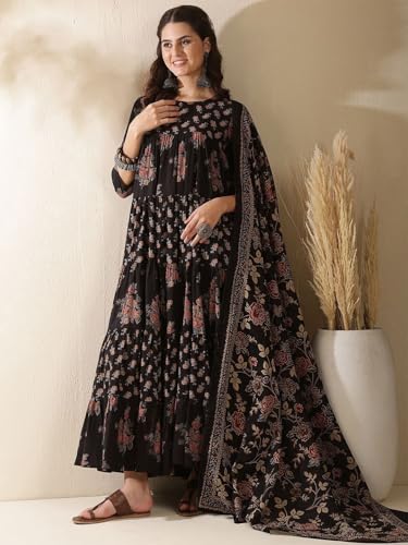 Image of ANNI Designer Viscose Blend Kurta for Women | Kurti Set Woman | Anarkali Kurta with Pant & Dupatta | Black Floral Hand Block Printed Suit | Ethnic Indian Outfit Party Office Traditional Fashion Wear