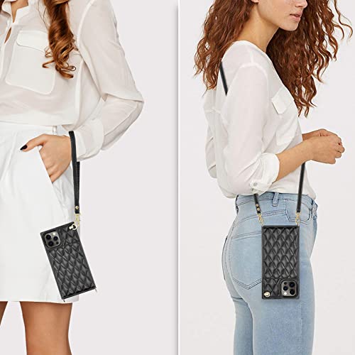 Hoggu Compatible With Iphone 13 Pro Case Wallet With Card Holder,Kickstand,Quilted Leather Luxury Case For Women,Removable Crossbody Wrist Strap Shockproof Square Protective Phone 6.1''-Black #TOP6