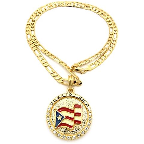 Fashion 21 Puerto Rico Flag Pendant 5mm 24" Figaro Chain Necklace Gold Tone Cover