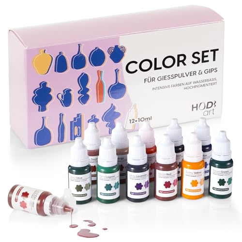 HODIART Farbe für Gießpulver 12er Set Gießpulver Farben & Farbpigmente für Gips und Beton Hochpigmentiert Flüssig Wasserbasiert Mischbar je 10 ml