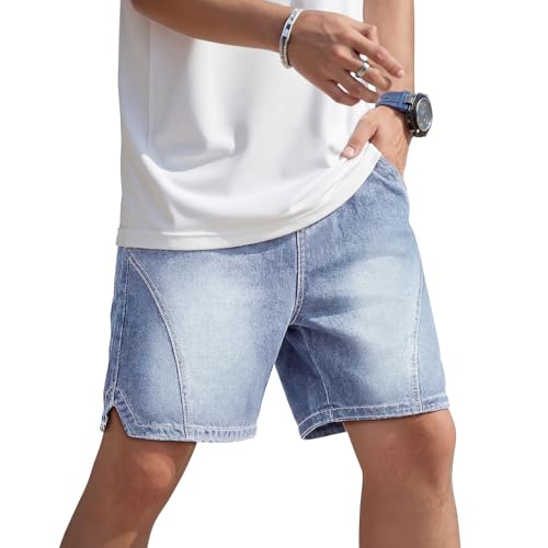 Heyfanee Mens Baggy Jean Shorts Loose Fit Elastic Waist Denim Shorts 7 Inch Inseam Blue 28