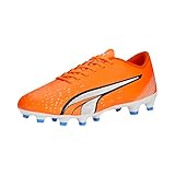 PUMA Mens Ultra Play Firm, Artificial Ground Soccer Cleats, Ultra Orange-PUMA Mens White-Blue Glimmer, 12