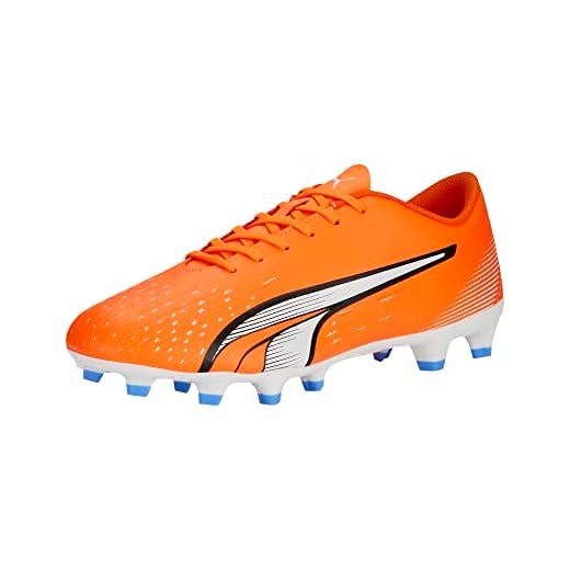 PUMA Mens Ultra Play Firm, Artificial Ground Soccer Cleats, Ultra Orange-PUMA Mens White-Blue Glimmer, 8.5
