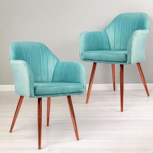 Image of Set of 2 Accent Chair for Living Room | Modern Armchair in Soft Velvet Fabric with Sturdy Legs | Premium Chair for Home Living Room Bedroom Restaurent | (Bronze Legs, Sky Blue)
