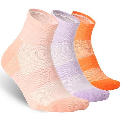 Image of 3 Pairs 90% Merino Wool Socks for Men Women Business Casual Wool Ankle Thin Hiking Running Athletic Support Breathable Cushioned Low Cut Sock - Orange Pink Purple Large