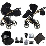 Original Junama Diamond S-Line Reisesysteme Kinderwagen 2in1 3in1 4in1 Sonnenschirm + Originalzubehör Exclusive Prams (3in1, Schwarz-Gold 02)