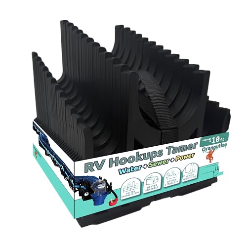 Orangutize RV Full Hookups Tamer | 3-in-1 RV Sewer Hose Support plus Water Hose and Power Cord Cradles | Patent Pending design for more organization and better stability | Expands to 10 Feet