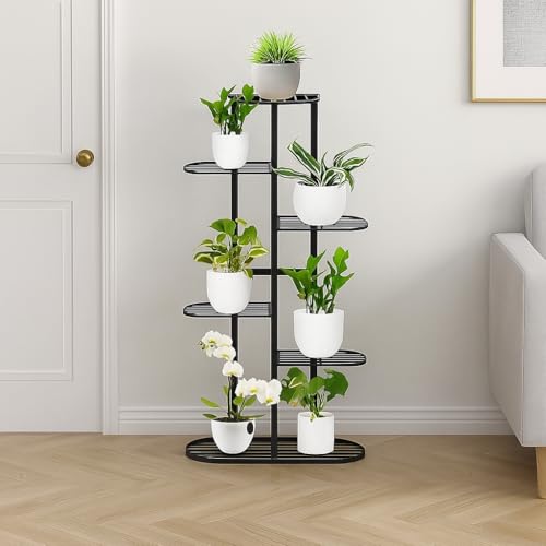 Image of Multi-Tiered Plant Stand for Balcony & Living Room | 6 Tier 7 Pot Holder Metal Planter Stand | Indoor Outdoor Flower Pot Rack | Decorative Iron Plant Stand for Home Garden & Balcony Decor (Black)