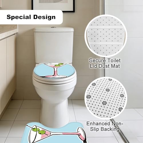 Lot de 3 tapis de salle de bain lavables bleu motif verre à vin