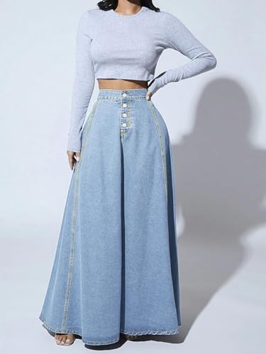 Women Denim a Line Single Breasted High Waist Jeans Vintage Maxi Simple Casual Elegant Splice Long Skirt (Light Blue,XX-Large)2