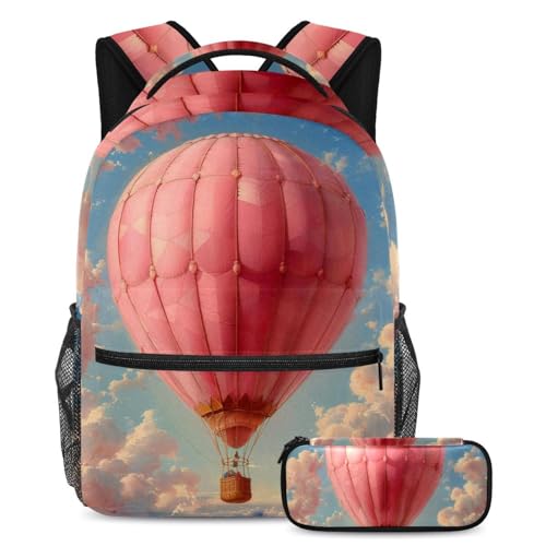 Sac à dos d'école montgolfière rose et trousse assortie pour garçons et filles