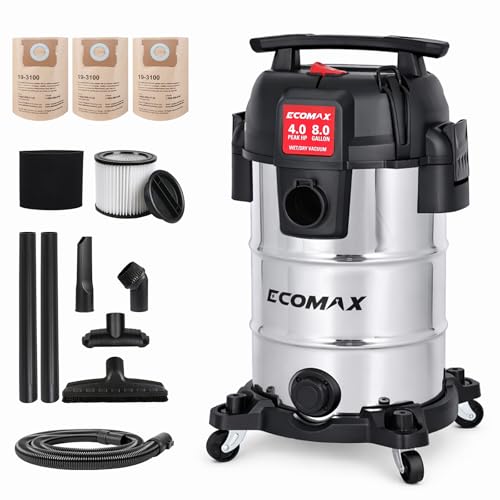 ECOMAX 8 Gallon Ultra Quiet Stainless Steel Shop Vacuum Wet and Dry