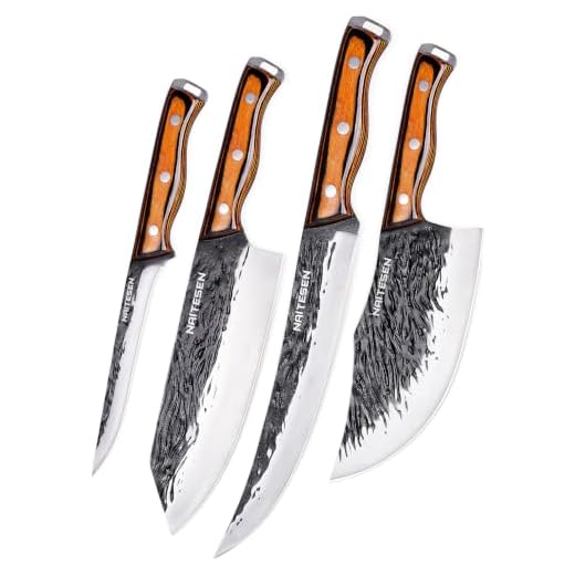 Naitesen 4PCS Hand Forged Butcher Knife and Kitchen Knife 2 in 1 Set, Heavy Duty Meat Cleaver Serbian Chef Knife Breaking Knife Boning Knife for Meat Cutting BBQ Gifts for Men Women