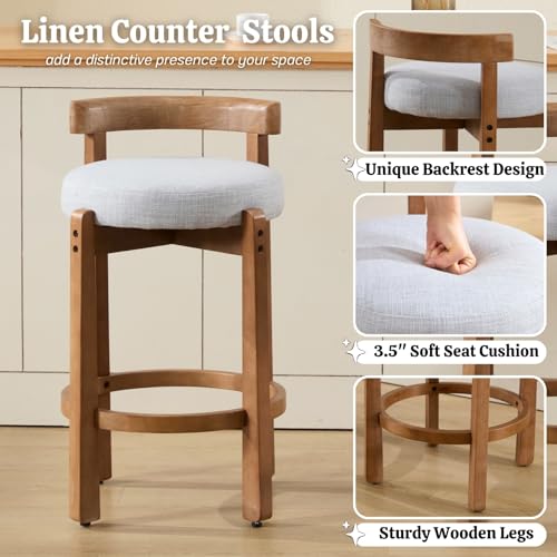 Image of CIMOTA 26.5 inch Counter Height Bar Stools Set of 6, Mid Century Modern Low Back Bar Chairs with Solid Wood Legs & Linen Upholstered Seat, Kitchen Island Stools, Light Grey
