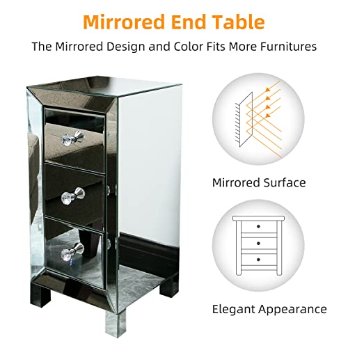 Mirrored Nightstand, Mirrored End Table with 3-Drawer and Crystal Style Knobs, Modern Deluxe Mirrored Bedside Table for Bedroom, Living Room, Small Place, Silver, 11.81" L x 11.81" W x 23.62" H - Image 7