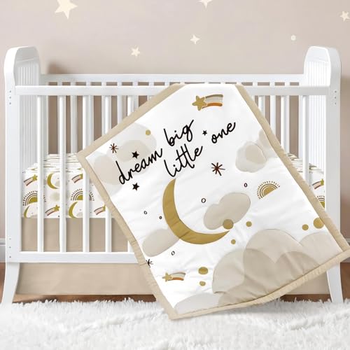 Image of Hahafelt 3 Piece Moon Star Baby Crib Bedding Set Dream Big Little One Crib Quilt for Boys Girls - Infant Toddler Nursery Bed Set Decor with Fitted Sheet, Dust Ruffle