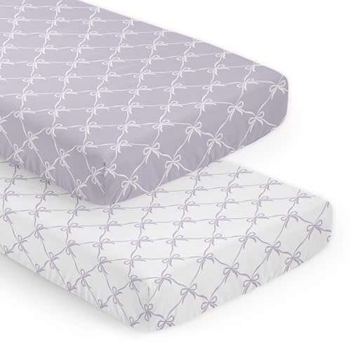 Image of Sweet Jojo Designs 2-Piece Baby Crib Sheets Set (Purple and White Bows) for Girls, Infant Nursery, Toddler Room - Fitted, Standard Size (Lavender Bow for Shabby, Ballet, Ballerina Princess Collection)