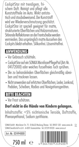 SONAX CockpitStar (750 ml) Cockpitreiniger reinigt und pflegt alle Kunststoffteile im Auto, antistatisch und staubabweisend/Art-Nr. 02494000