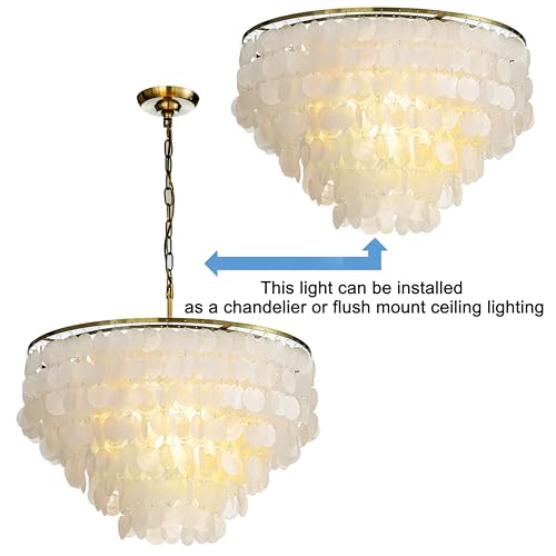 ALOADECOR Coastal Natural Capiz Shell Tiered Flush Mount Ceiling Light with Antique Gold Metal Unique Tiered Seashell Close to Ceiling Lamp for Dining Room Living Room (W 24") - Image 4