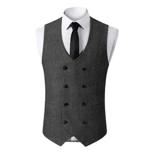 NATHGAM Men's Business Casual Suit Vest Double Breasted V Neck Waistcoat Slim Fit Herringbone Tuxedo Vest for Wedding Party
