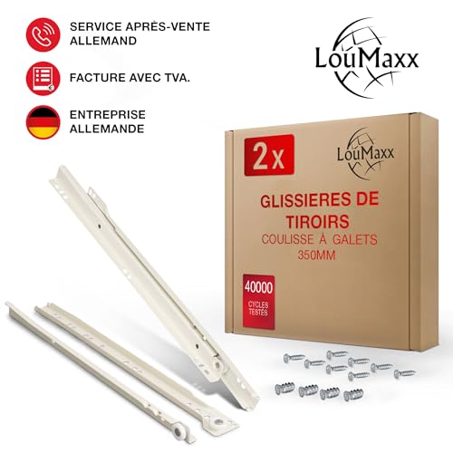 LouMaxx coulisse tiroir 350 mm – Lot de 2 rail tiroir coulissant en acier blanc avec vis de montage, glissiere pour tiroir à sortie partielle, charge 20 kg – montage facile et fluide – vue 7