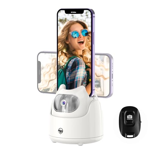 Auto Face Tracking Tripod - 360° Rotation Auto Tracking Phone Holder, No App, Phone Camera Mount with Remote and Gesture Control, Battery Operated Smart Shooting Holder for Live Vlog Tiktok(White)