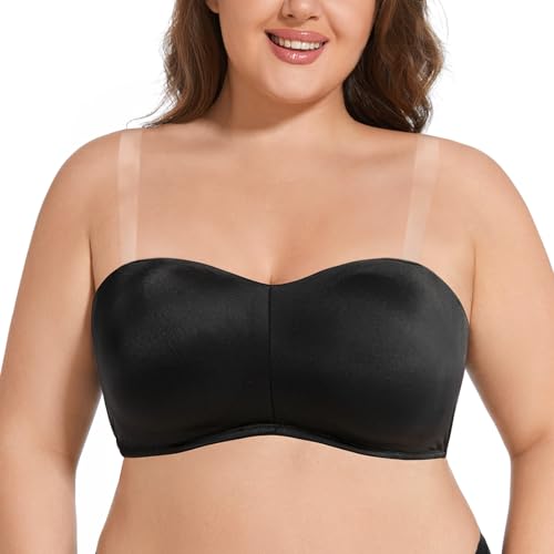Amafuur Strapless Minimizer Bra Seamless Bandeau With Clear Strap Convertible Underwire Bras For Large Bust Black 36F cover