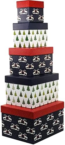 Set of 5 Nested Christmas Boxes - Assorted Sizes and Designs (Assortment 1) (Blue & Red)