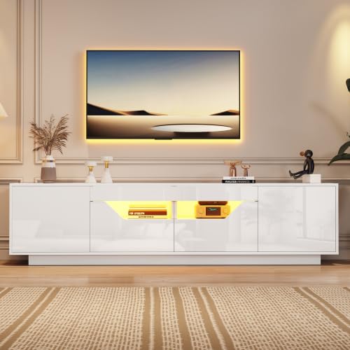 Mobile TV basso con 2 cassetti, 2 armadi, ripiani semiaperti, interruttori di rimbalzo, illuminazione controllata da app, superficie lucida per TV fino a 75", lunghezza 180 cm, colore bianco