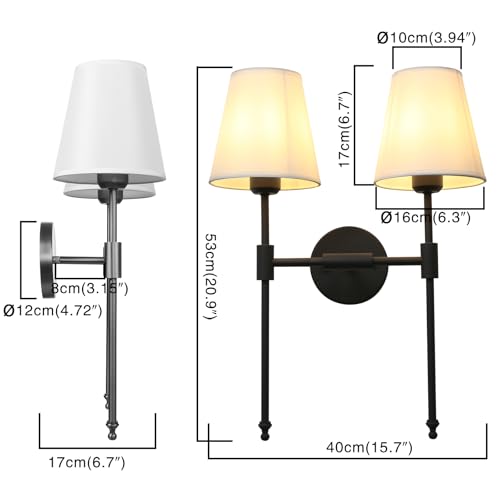 Image of PERMO Classic Rustic Double Sconce 2-Lights Wall Sconce Lighting Fixture with Flared White Textile Lamp Shade and and Black Finished Long Arm,Wall Sconce Light Fixture for Bathroom Bedroom Bedside