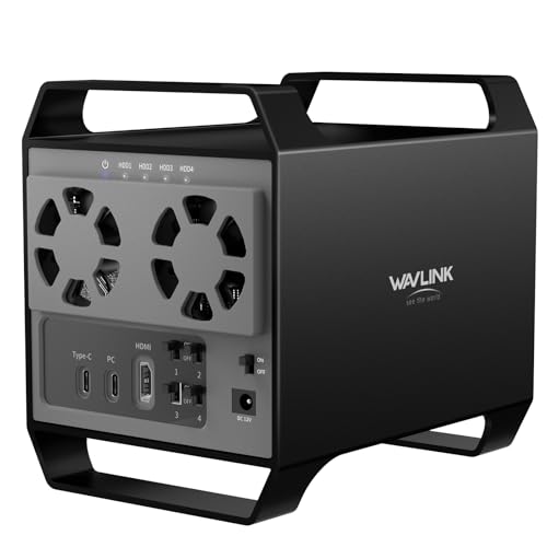 WAVLINK 4-Bay Hard Drive Enclosure for 3.5' and 2.5'' SATA HDD/SSD Featuring 10Gbps USB-C 3.2, Max 88TB Capacity, Built-in Temp-Controlled Cooling Fans, 4K HDMI Stunning Video Output, Aluminum Shell