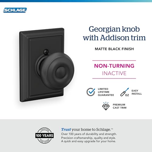Image of Schlage F170 GEO 622 ADD Georgian Door Knob with Addison Trim, One Sided Non-Turning Dummy Door Handle, Matte Black