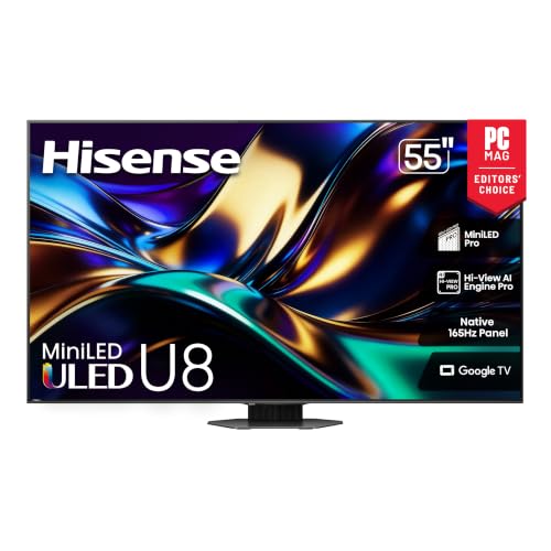 Hisense 55" U8 Series ULED Mini-LED 4K UHD Smart Google TV (55U8QG) - QLED, Native 165Hz, VRR 288, Up to LD5600, 5000 Nits, HDR10+, Dolby Vision IQ · Atmos, IMAX Enhanced, 4.1.2 Ch Audio