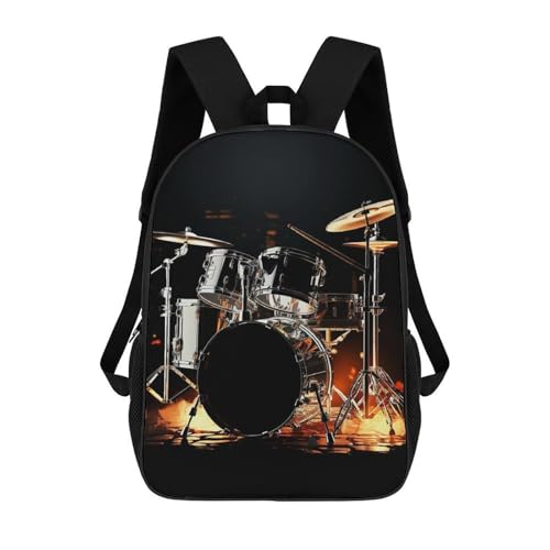 Black backpack with a drum kit graphic, side pockets and a padded laptop sleeve