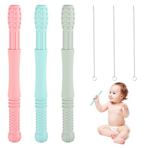 RUNEAY Baby Beißröhrchen 3 Stück,Beißring Baby,Silikon Baby Beißring Hohle Beißstrohhalme Säuglingsbeißspielzeug Sinnesspielzeug mit 3 Stück Reinigungsbürsten für Kleinkinder Mädchen Jungen Cover