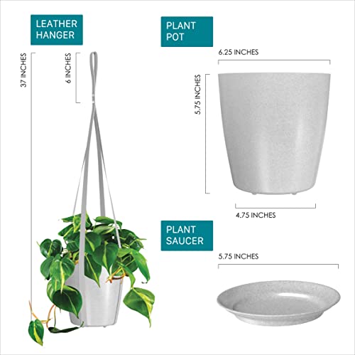 Loopseed Leather Plant Hanger With Pot Included Hanging Planter Set For Indoor Plants Vegan Leather Plant Hanger With Bamboo Fiber Plastic Plant Pot And Saucer 3 Pieces Set (Gray) #TOP4
