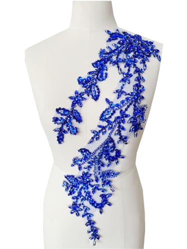 Handmade Shining Acrylic Rhinestones on lace Applique Sewing Beads Stones Trim Patches Accessories for Wedding Dress (Blue)