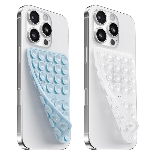 Image of 2PCS Silicone Suction Cup Phone Case Mount Double Sided, Hands-Free Phone Accessories Holder for Selfies and Videos, Silicon Sticky Phone Grip for iPhone and Android Transparent&Light Blue