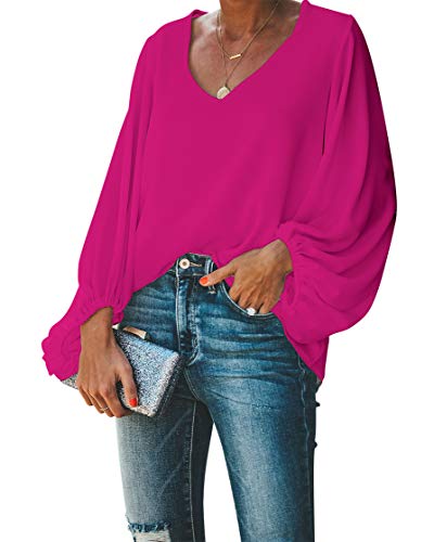 BELONGSCI Women's Casual Sweet & Cute Loose Shirt Balloon Sleeve V-Neck Blouse Top Rose Red
