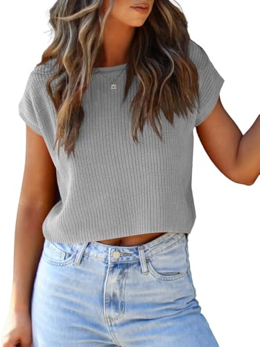 Image of LCXWFE Womens Summer Cropped Sweater Vest Trendy Cap Sleeve Crop Tops Crew Neck Loose Knit Tank Top