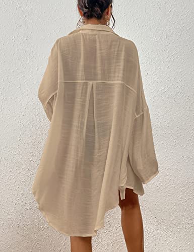 Image of Bsubseach Linen Bathing Suit Cover Up Shirt Women Button Down Beach Cover Ups Split Tie Swimsuit Coverup Blouse Apricot XL