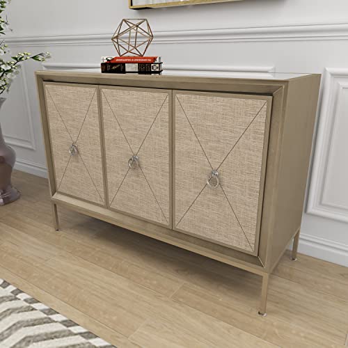 Deco 79 Wood Upholstered Front Panel 1 Shelf And 3 Doors Cabinet With Mirrored Top And Ring Handles, 47" X 15" X 32", Gray #TOP5