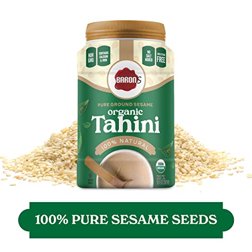 Baron's USDA Organic Tahini Pure Sesame Paste | 2 x 16 oz Jars | Rich Creamy Spread for Hummus, Dips, Sauces | Kosher, Vegan, Keto friendly, Non-GMO, Gluten-Free, No Peanuts | Ground Seeds Tahina