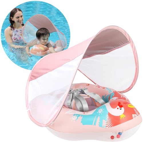 Image of Swimbobo Infant Pool Float with Sun Canopy Inflatable Baby Swimming Floatie with Sponge Safety Bottom Support Water Toys Swimming Trainer(Pink Swan,Large)
