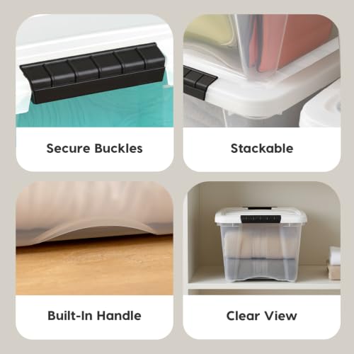 Image of IRIS USA 19 Qt Stackable Storage Bins with Lids, 6 Pack, Clear Plastic | Clear BPA-free bins with secure latches organize crafts, toys, shoes, office supplies, pantry items, and closets.