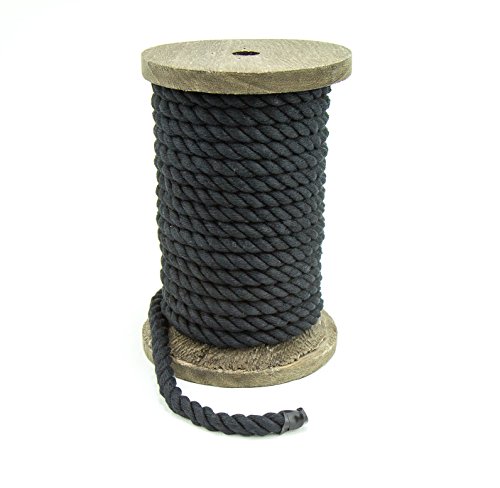 Ravenox Natural Twisted Cotton Rope | (Black)(1/4 Inch x 50 Feet) | Made in The USA | Strong Triple-Strand Rope for Sports, Décor, Pet Toys, Crafts, Macramé & Indoor Outdoor Use