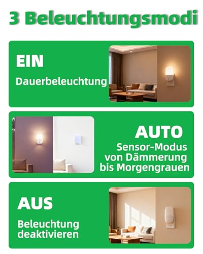 Carehabi Nachtlicht Steckdose mit Klappbarem Stecker, Einstellbarer Helligkeit, Modi Auto/Aus/Ein, mit Dämmerungssensor für Flure, Treppen, Schlafzimmer, Küchen, Badezimmer, Wohnzimmer, 0,5 W (1)