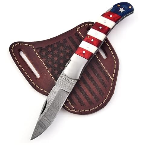 W TRADING Damascus Folding Knife with leather Sheath Cover