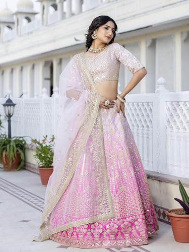 TRENDMALLS Women\'s Satin Embroidery Bridal Lehenga Choli with Net Dupatta Ready To Wear (-L148-Pink-L-)